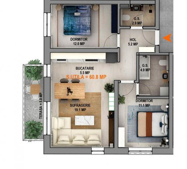 Apartament 3 camere cu balcon generos,- comision 0%