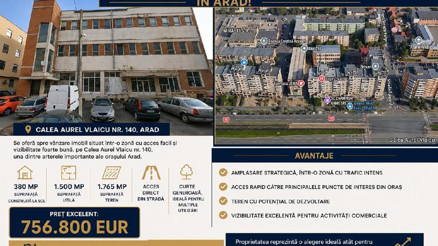 Cladire comerciala 1.500 mp + Teren 1.765 mp - Arad