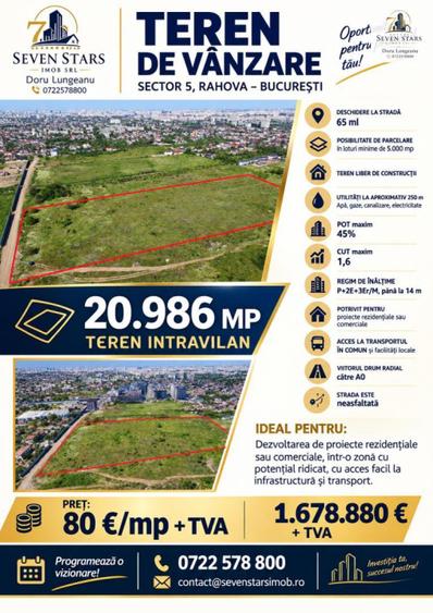 Teren intravilan in Sector 5, 20.986 mp x80 E/mp, Regim P+2E,Utilitati