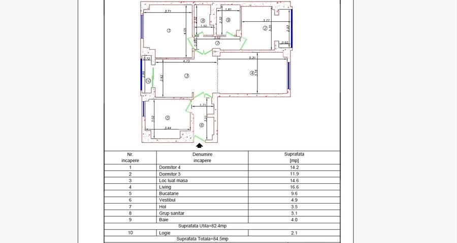 3 camere cu living de 31 mp, dormitoare de 14 și 12, bucătărie de 10, centrală