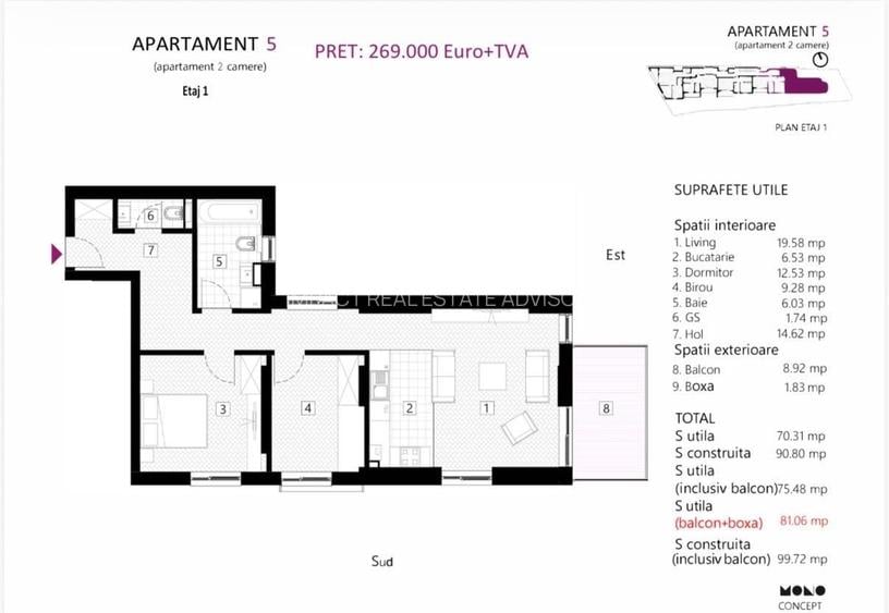 APARTAMENT 2 CAMERE + 9 MP BIROU | ZONA EMINESCU | DACIA - 1