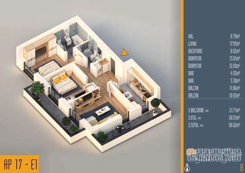 De vanzare apartament decomandat 3 cam, direct dezvoltator, parcare inclusa