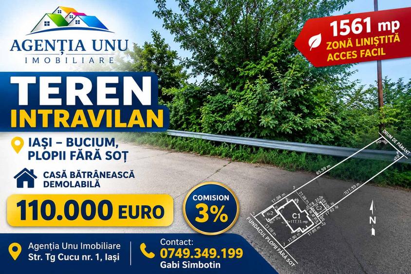 Teren intravilan Iasi 1.561 mp Bucium Plopii fără Soț Deschidere la 2 drumuri Oportunitate investiție