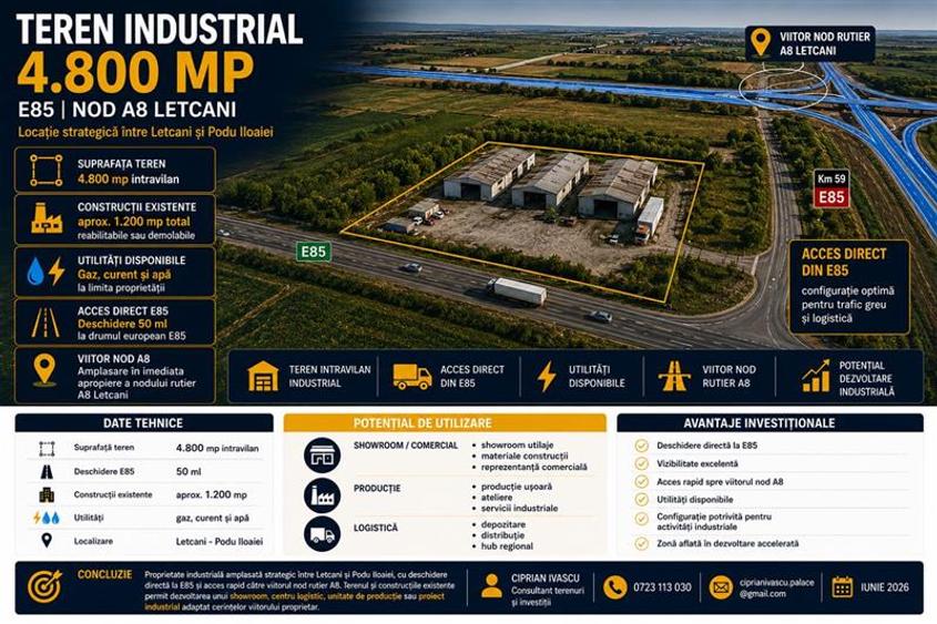 Teren 4800 mp , industrial Letcani,  cu acces in E85