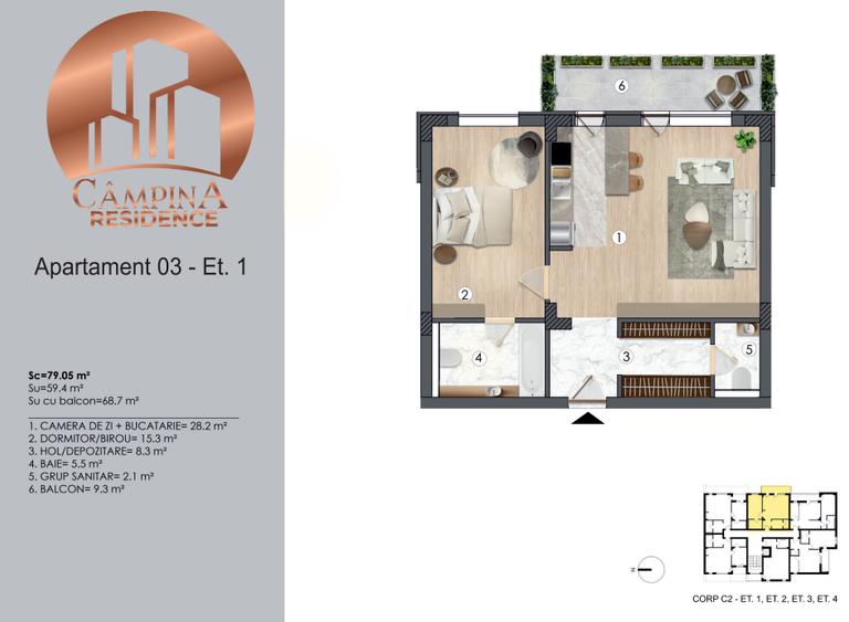 Apartament cu doua camere Campina Residence cu TVA 21%