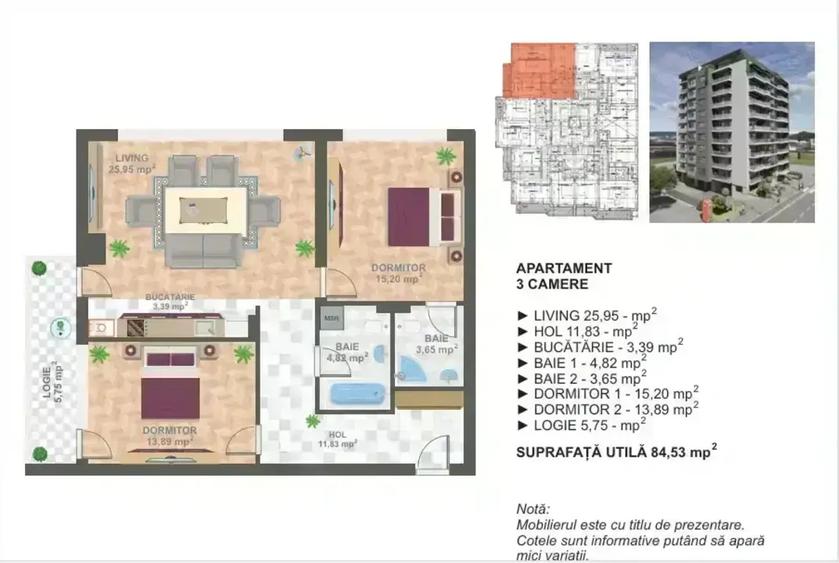 Apartament 3 camere 84,53mp, balcon  | Bloc nou | zona 13 Septembrie I