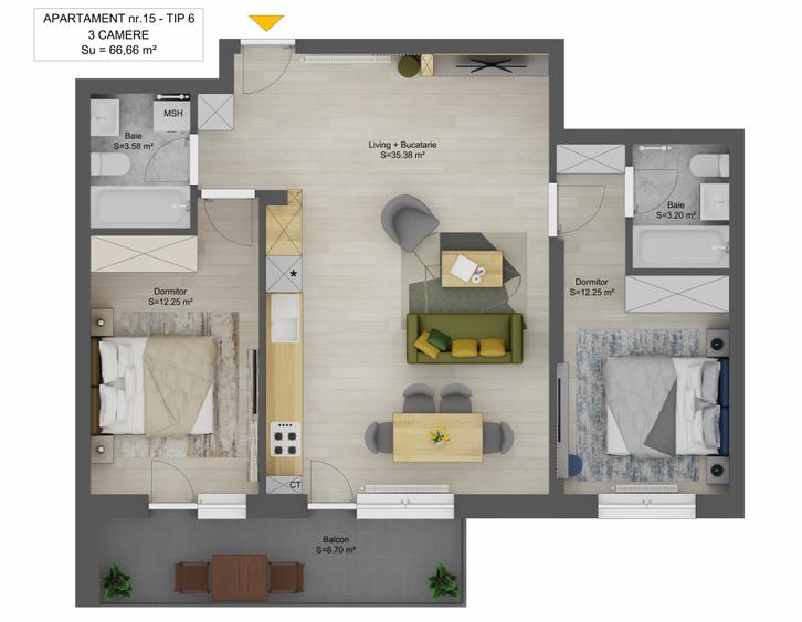 Apartament 3 camere 66,66 mp + balcon 9 mp Cartier Doamna Stanca - intabulat