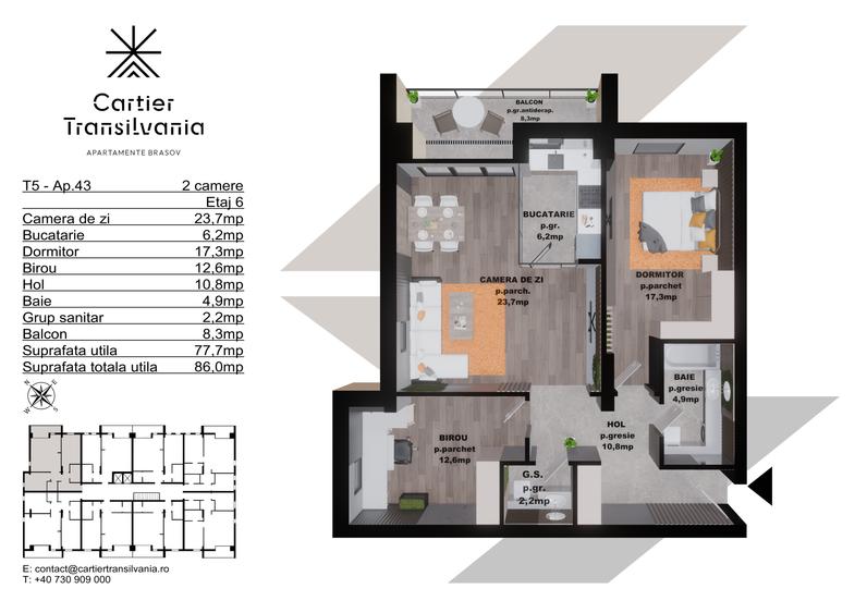 CARTIER TRANSILVANIA,APARTAMENT 2 CAMERE+BIROU FATADA VENTILATA