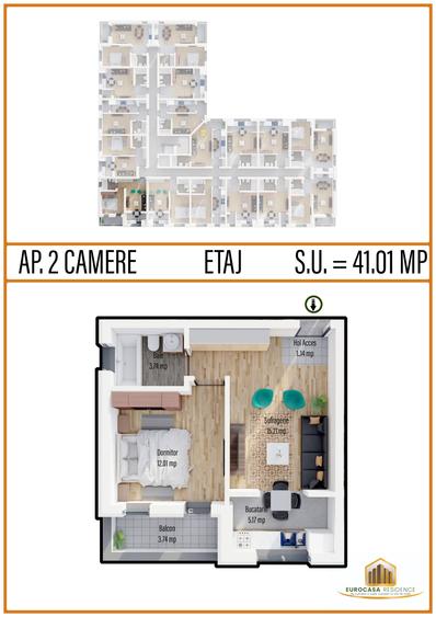 Apartament de vanzare cu 2 camere, in complex Eurocasa Residence, comision 0%