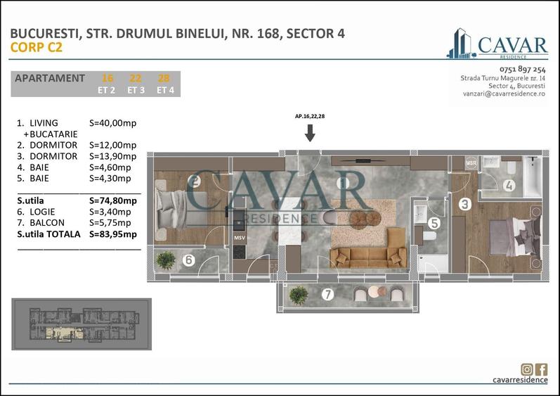 Apartament 3 Camere Modern 2 Bai 84 mp Proiect Nou