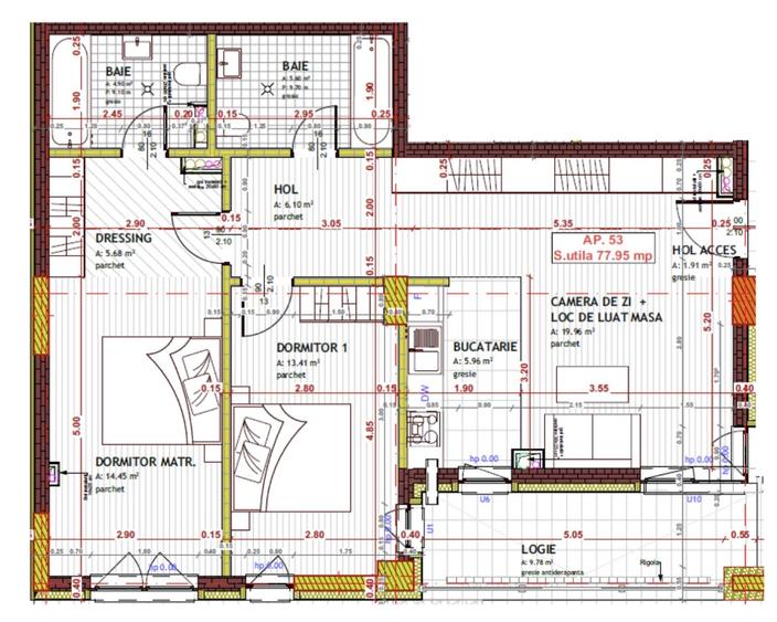 Apartament de 3 camere, 77.95mp, Semifinisat,zona Tineretului,Floresti