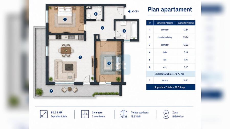 3 camere semidecomandat, et. 3/6+R - zona BMW / VIVO, Florești