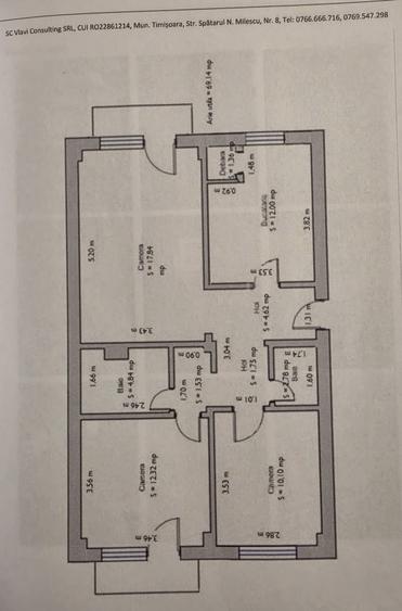 Apartament 3 camere, decomandat, 69 mp utili, etaj 4 -Soarelui
