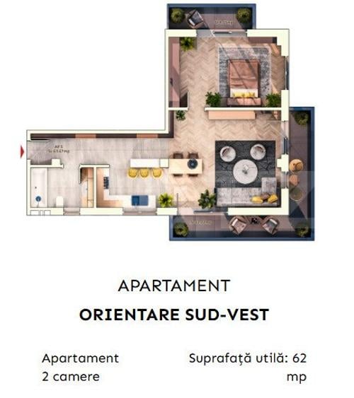 Apartament 2 camere semidecomandate, 52 mp, 9.30mp balcon, parcare subterana