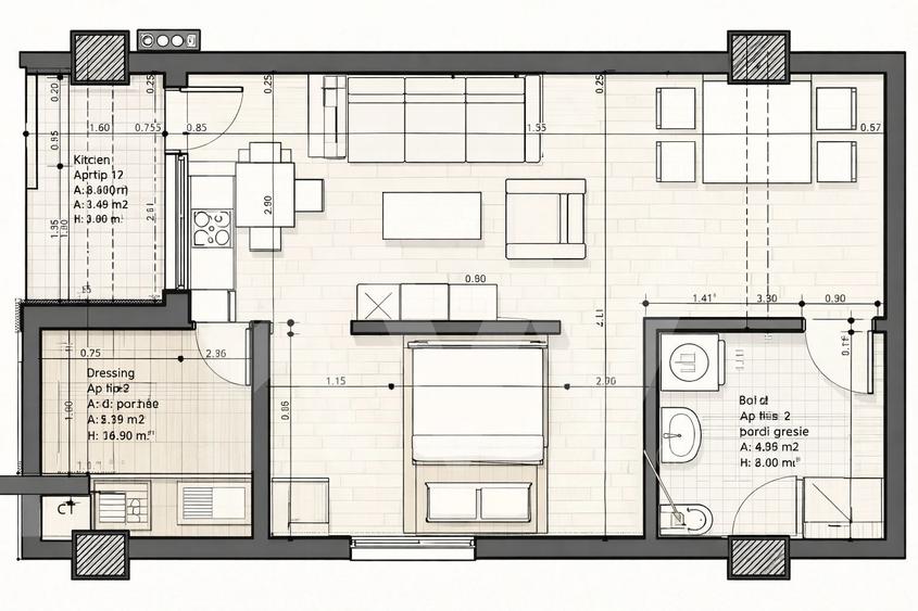 Apartament - Garsoniera bucatarie separata balcon de vanzare 33.6mpu