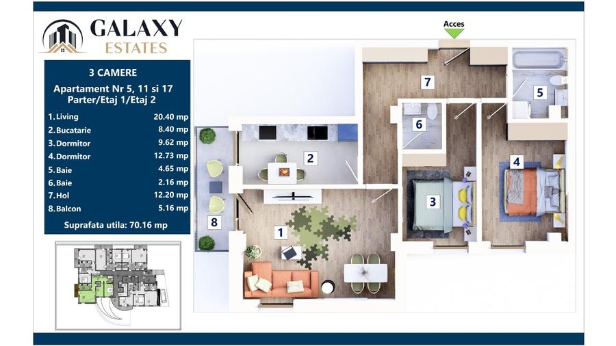 Apartament 3 CAMERE PREMIUM 70.16 mp utili + 5.16 mp balcon. FINALIZARE 2027