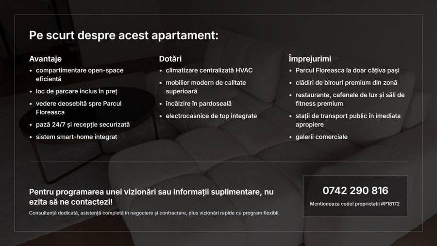 Studio 2 Camere | Floreasca | Vedere Parc | Mobilat Lux | Parcare