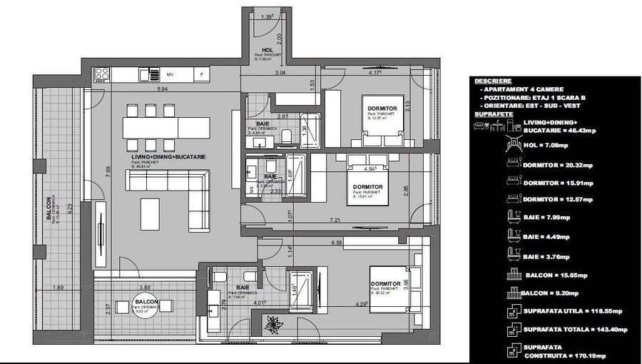 Apartament spatios inchiriere – Centru Brașov, vedere directă spre Tâmpa