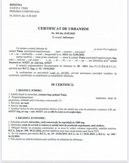 Teren intravilan - 1000 mp, Șag, județul Timiș - pt servicii,comert,productie