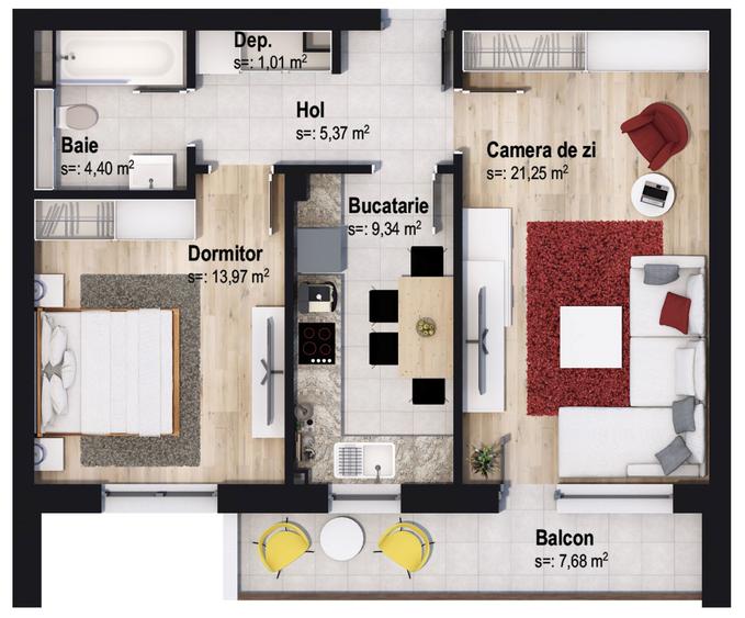 Apartament cu 2 camere și terasă mare în clădirea V3