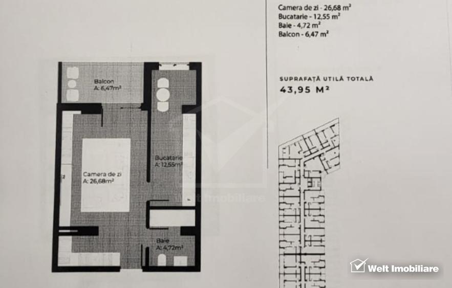 Apartament cu o camera, bloc nou, 42,24 mp plus balcon, loc parcare, Gheorgheni