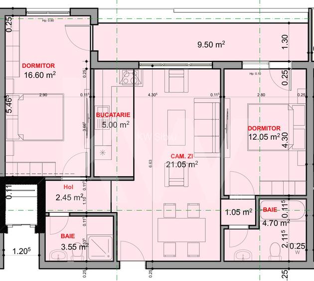 Apartament 3 camere de vanzare balcon etaj intermediar 66,45mpu Sibiu - 2