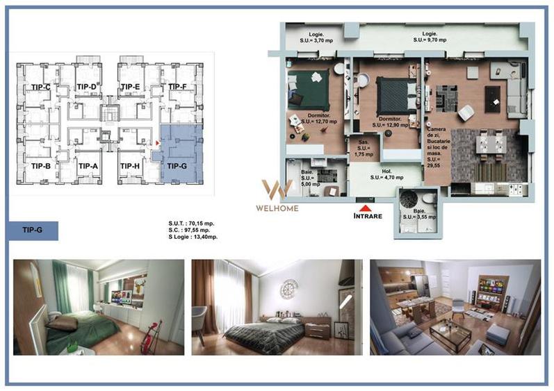 Ap. 3 camere, logie 13,4 mp, bloc nou, lift