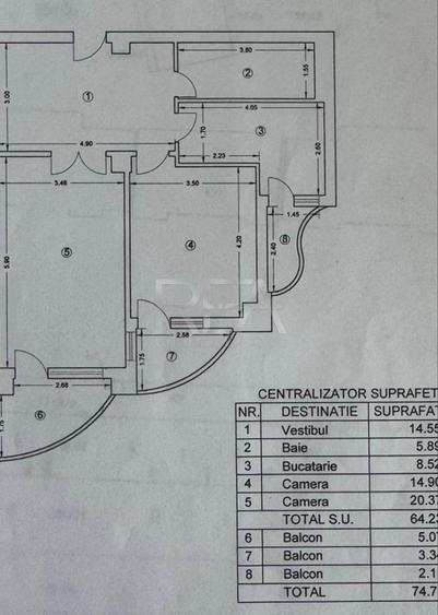 2 camere Unirii decomandat, parcare, et. 5, an 1990, 74 mp