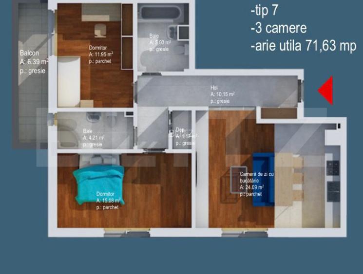 Apartament 3 Camere | 72 mp | 2 Băi | Balcon | Sud-Vest | Baciu - 13