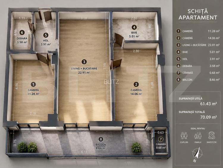 Apartamnet 3 camere, 62 mp, zona VIVO - 14