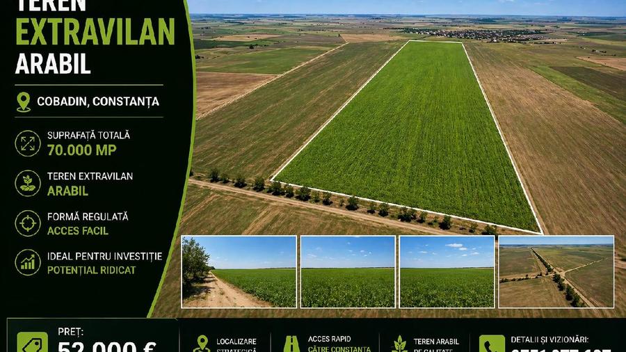 Teren extravilan arabil -70.000 mp- Cobadin, Constanța