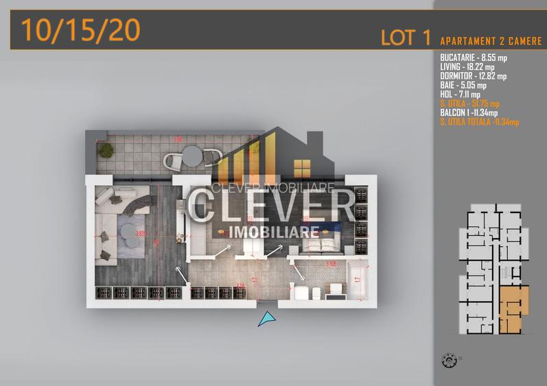 2 Camere,  63,91 mp Total | Balcon 12,16 mp | Comision 0% - 2