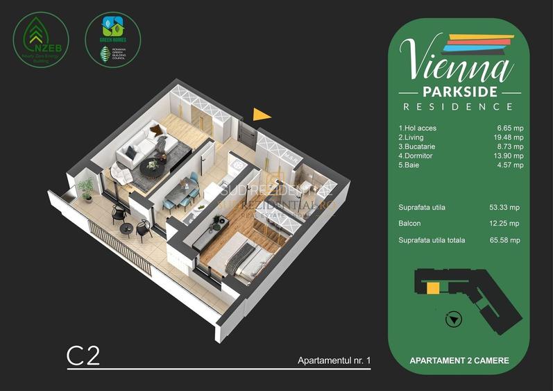 Apartament un ansamblu rezidential Green Homes - 2 camere, decomandat - 1