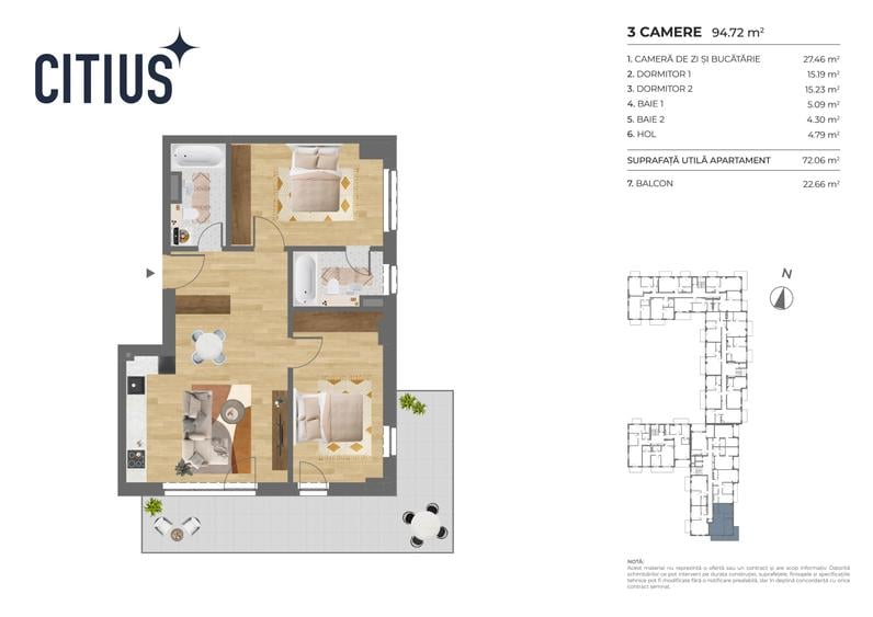 Apartament 3 camere cu 2 bai