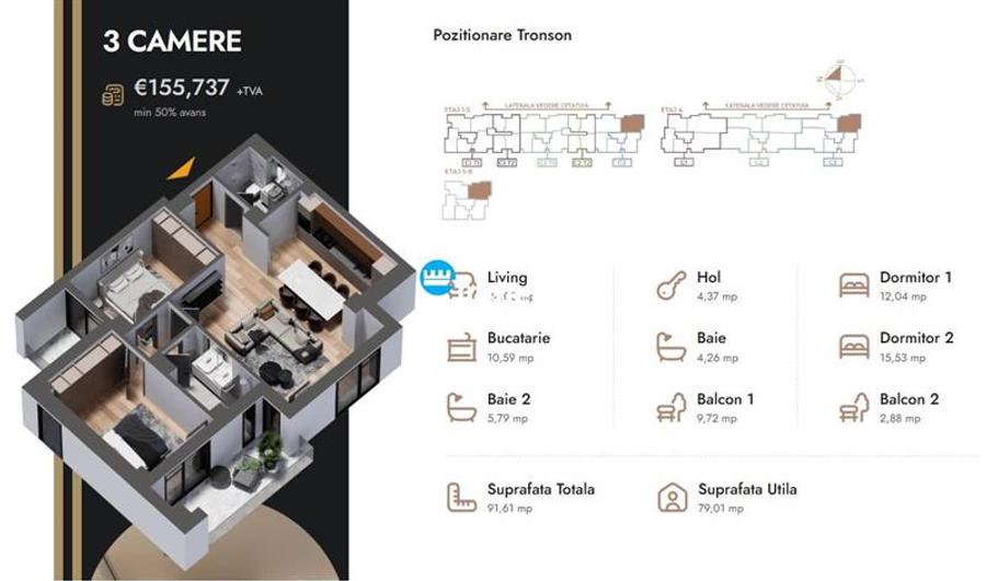 Apartament 3 camere,91.61 mp,bloc nou,zona Nicolina Selgros