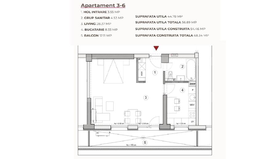 Studio, 56.89 mp intr-un ansamblu cu 0% Comision la Achiziție