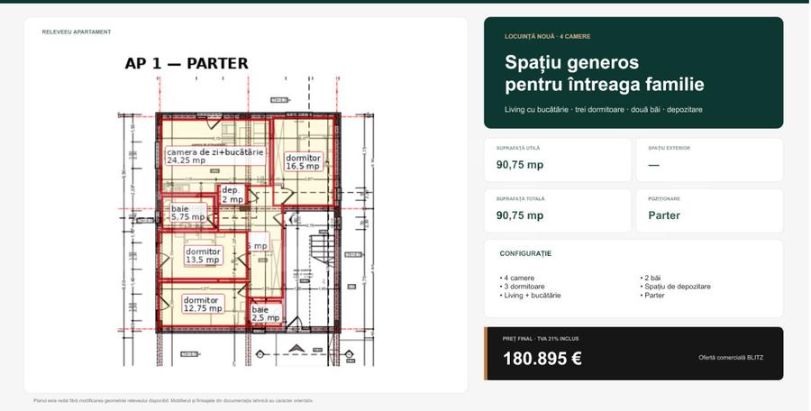 Apartament generos cu 4 camere și două băi, 90,75 mp