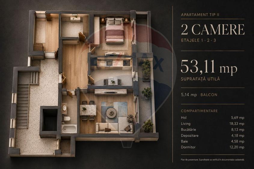 Apartament 2 camere, 53,11 mp utili + balcon | Cartier Tractorul