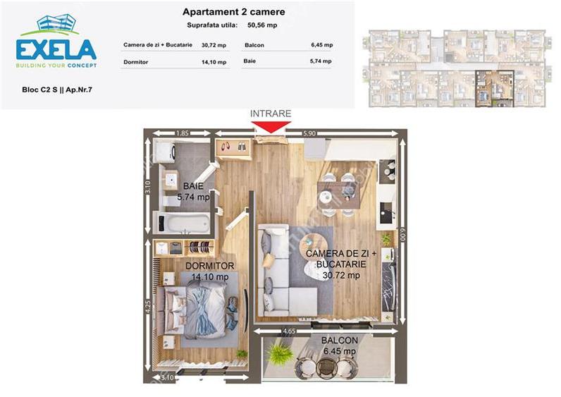 Apartament cu 2 camere finisat la cheie 51 mp zona Brana din Selimbar