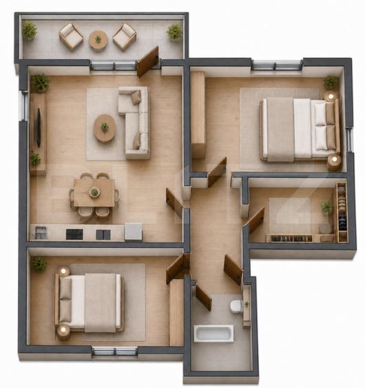 Apartament cu 3 camere, dressing și balcon, etajul 1