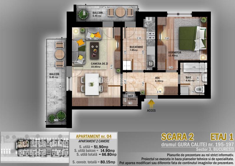 apartament 2 camere spatios cu 2 terase mari lift incalzire in pardoseala - 3