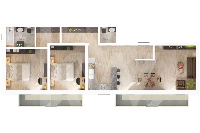 Apartament 3 camere - 77,8 mp utili - 2 balcoane 14,85 mp si 2 bai - 7
