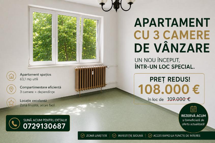 Apartament 3 camere | 60 mp utili | Valea Ialomiței – Drumul Taberei | Etaj 3/4