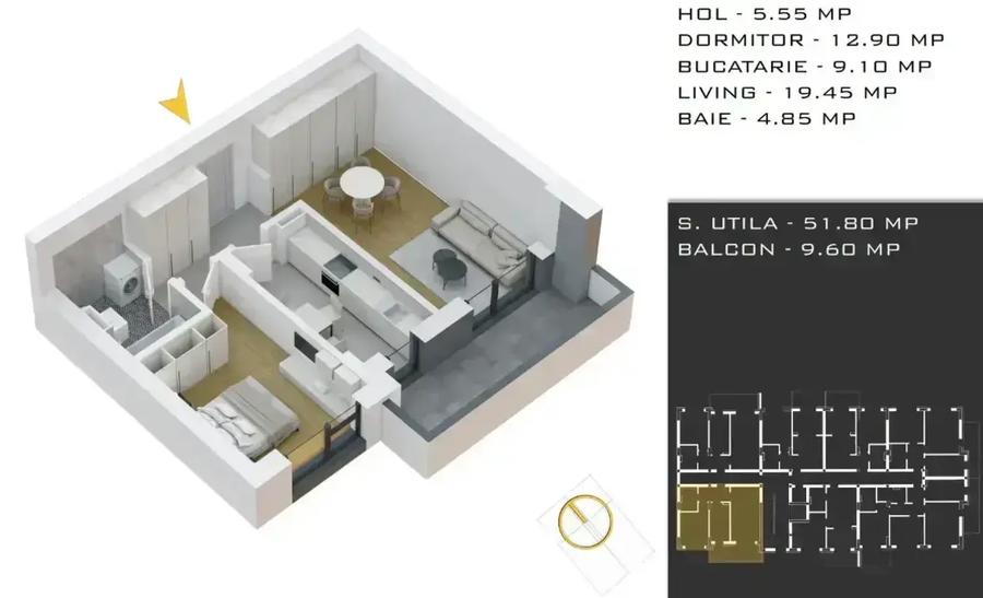 2 Camere + parcare | Încălzire în Pardoseală | Imobil P+3 Pallady