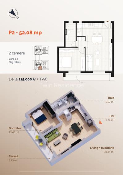 Twin Residence - Penthouse – ansamblu finalizat, mutare imediată - 2 camere P2 - 2