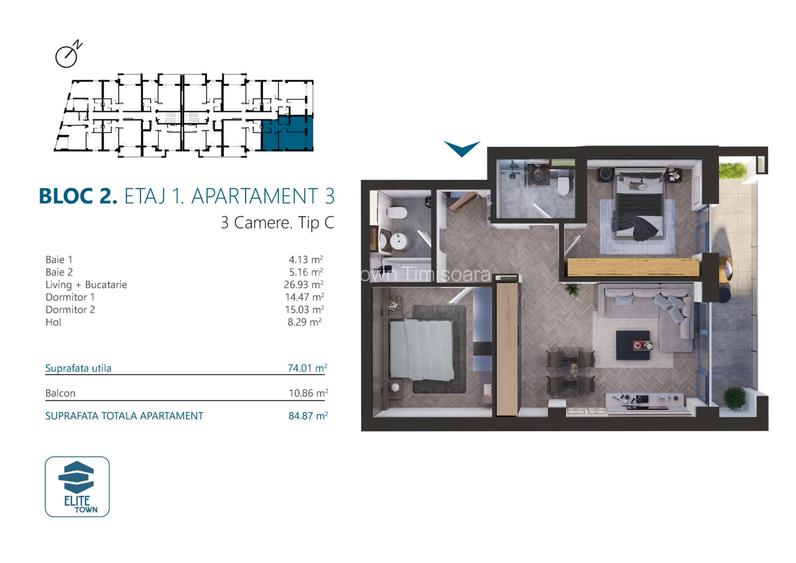 Elite Town Timisoara - Apartament 3 camere | TORONTALULUI - METRO 2 - 2