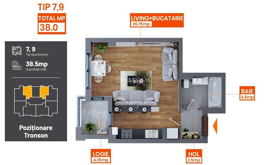 FINALIZAT! Te poti muta azi!  Apartament 1 camera, 38 mp - 92.900 euro + TVA la - 8