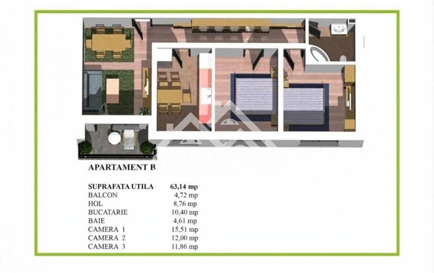 Apartament decomandat 3 camere 64 mp. Cartier Arhitectilor