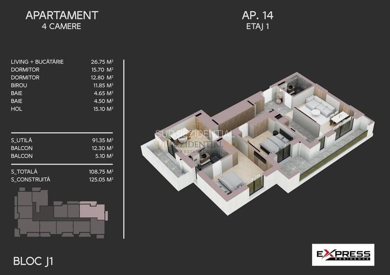 Apartament cu 4 camere de vanzare, 108.75 mp, bloc nou, Drumul Binelui - 1