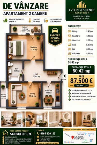 Apartament 2 camere 60 mp / Bloc Nou 2026 / Incalzire in pardoseala